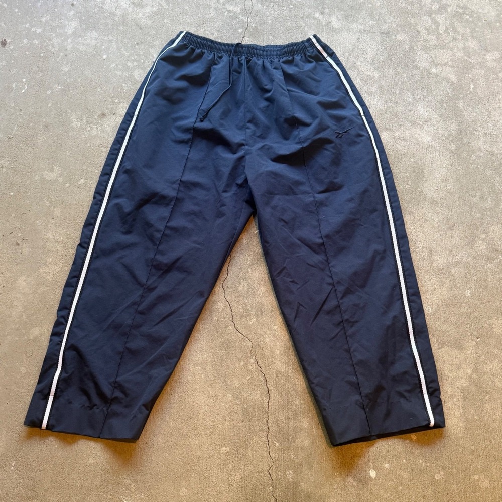 Vintage Reebok Athletic Track Cropped Capri Pants Womens L Navy Blue Side Stripe